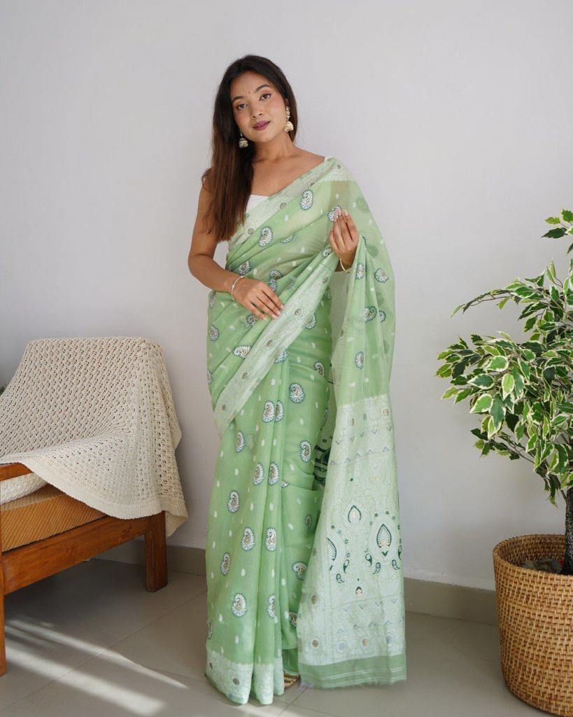 Exceptional Pista Cotton Silk Saree With Flaunt Blouse Piece