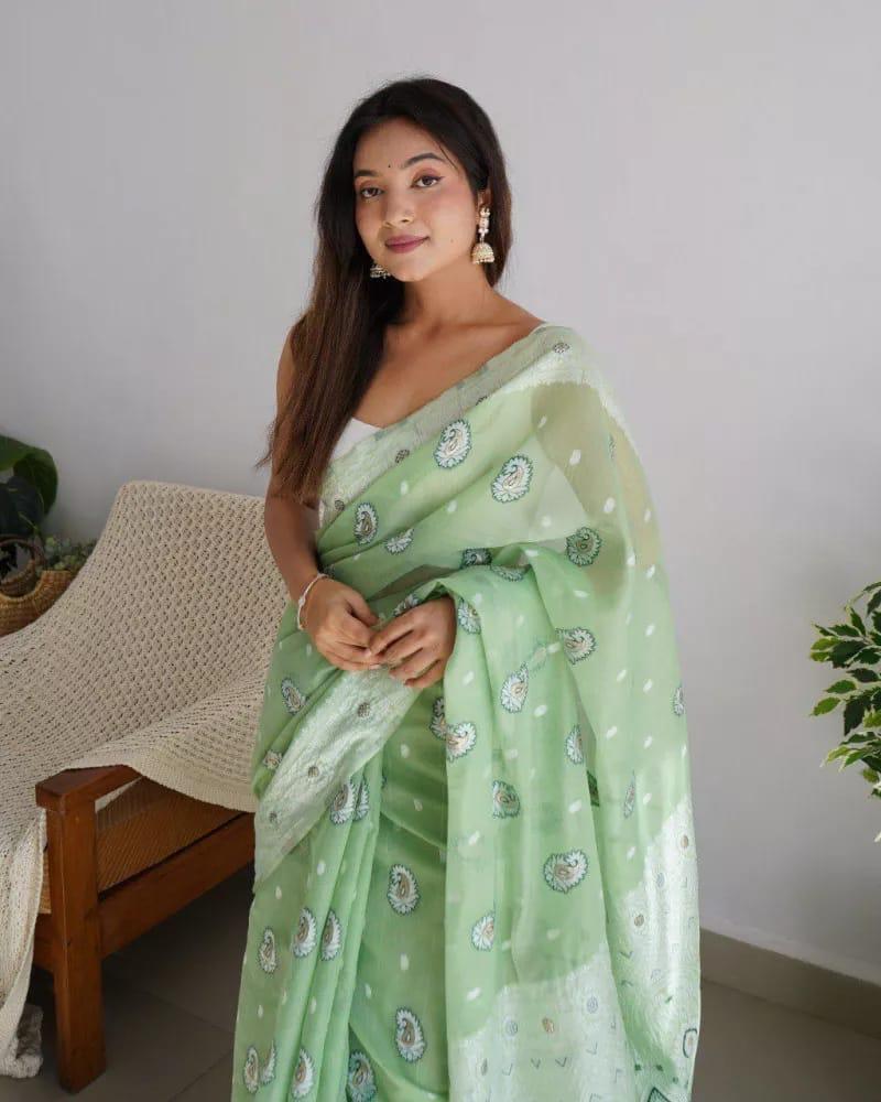 Exceptional Pista Cotton Silk Saree With Flaunt Blouse Piece