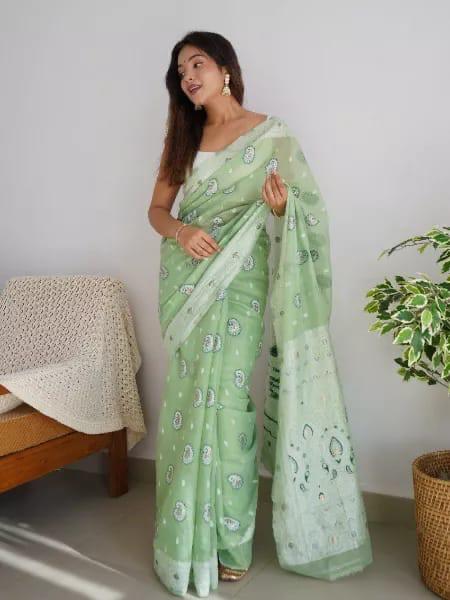 Exceptional Pista Cotton Silk Saree With Flaunt Blouse Piece