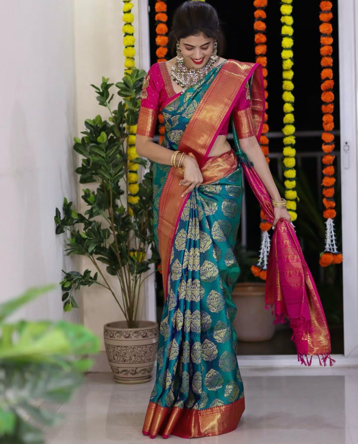 Moiety Rama Soft Silk Saree With Radiant Blouse Piece