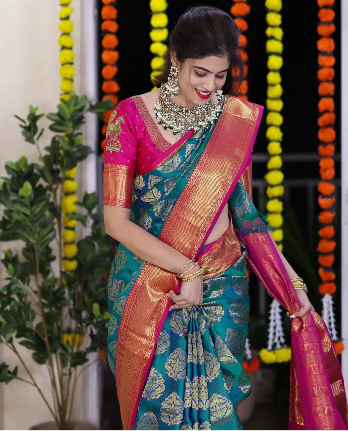 Moiety Rama Soft Silk Saree With Radiant Blouse Piece