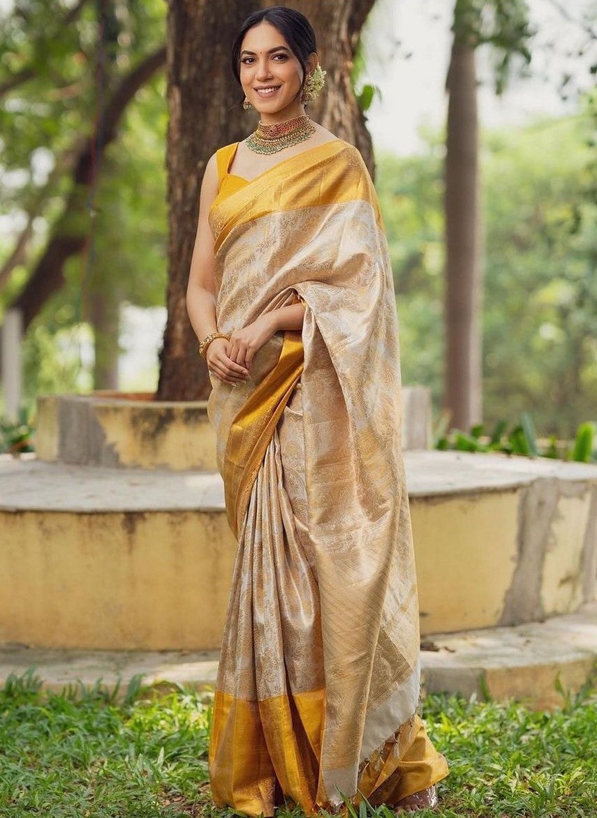 Lagniappe Beige Soft Silk Saree With Embellished Blouse Piece