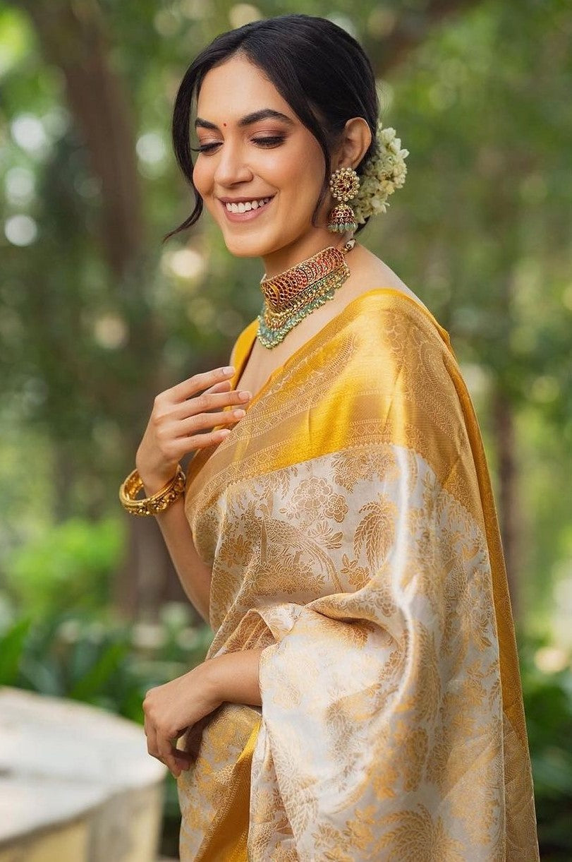 Lagniappe Beige Soft Silk Saree With Embellished Blouse Piece