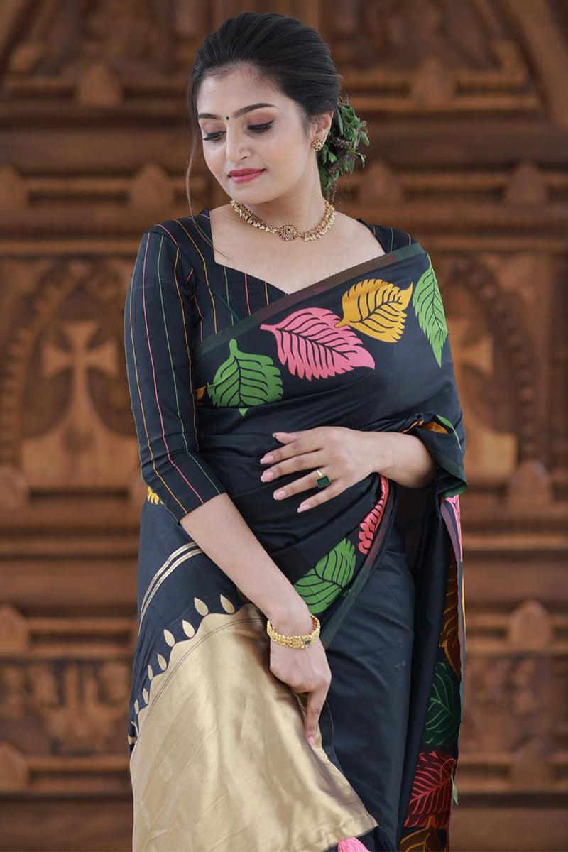 Girlish Black Soft Silk Saree With Beautiful Blouse Piece