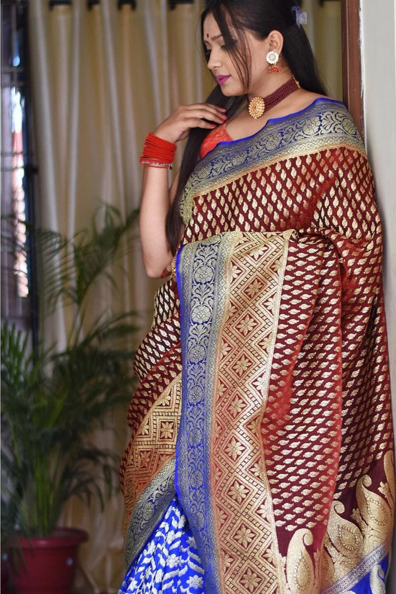 Staring Wine Soft Silk Saree With Surpassing Blouse Piece