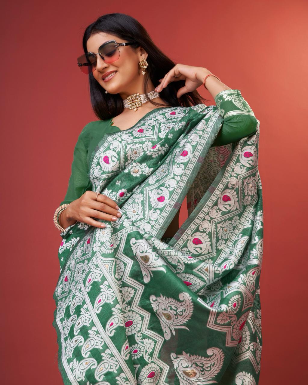 Vibrant Green Cotton Silk Saree With Radiant Blouse Piece