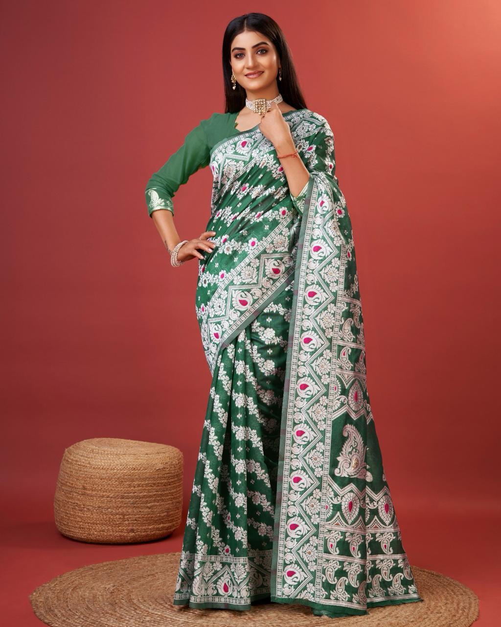 Vibrant Green Cotton Silk Saree With Radiant Blouse Piece