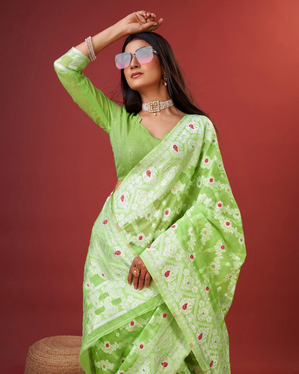 Quixotic Parrot Cotton Silk Saree With Lustrous Blouse Piece