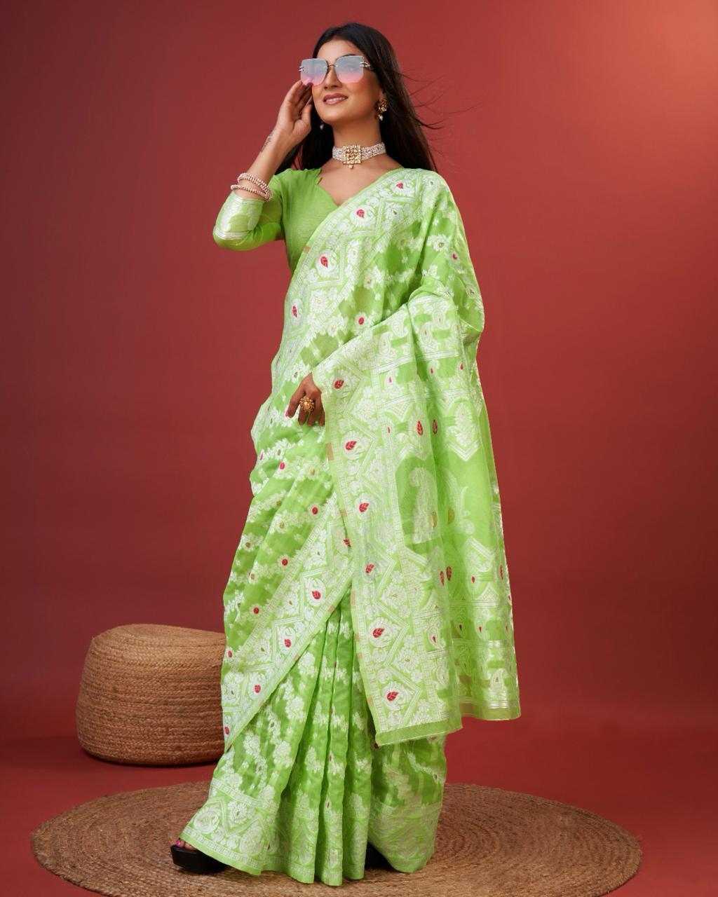 Quixotic Parrot Cotton Silk Saree With Lustrous Blouse Piece