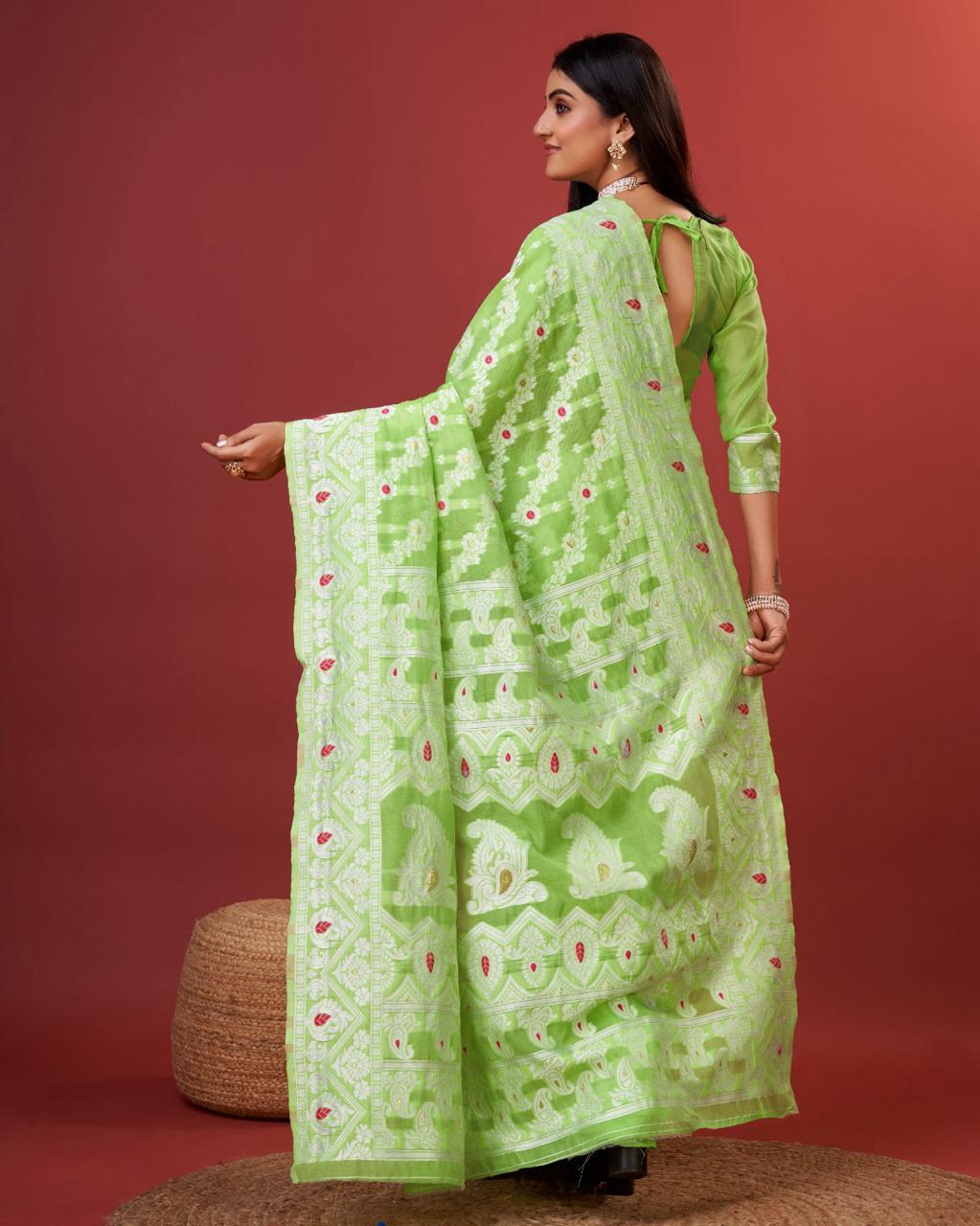 Quixotic Parrot Cotton Silk Saree With Lustrous Blouse Piece