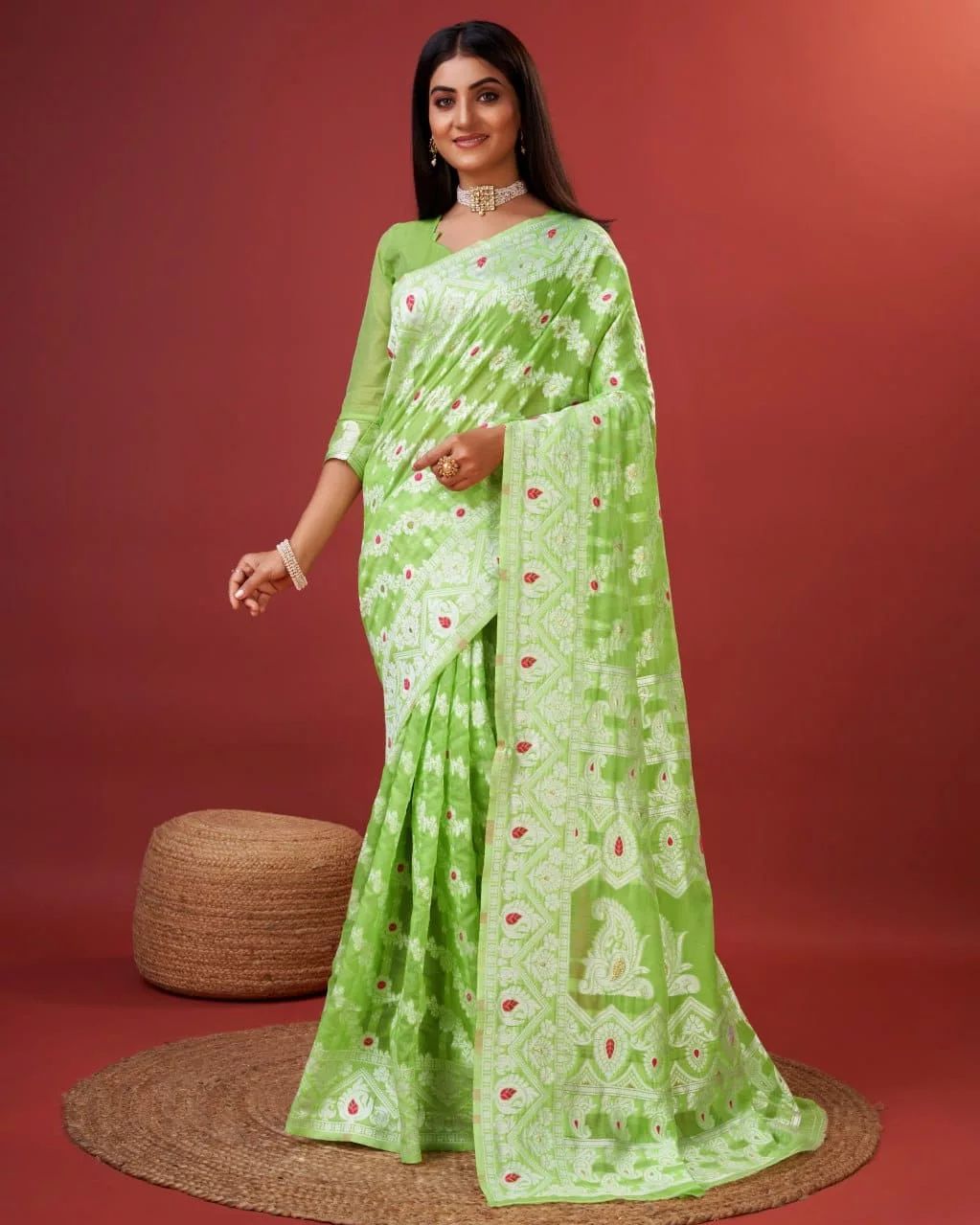 Quixotic Parrot Cotton Silk Saree With Lustrous Blouse Piece