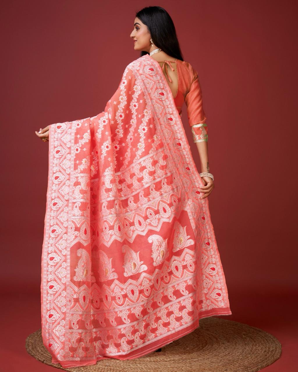 Aplomb Peach Cotton Silk Saree With Allure Blouse Piece