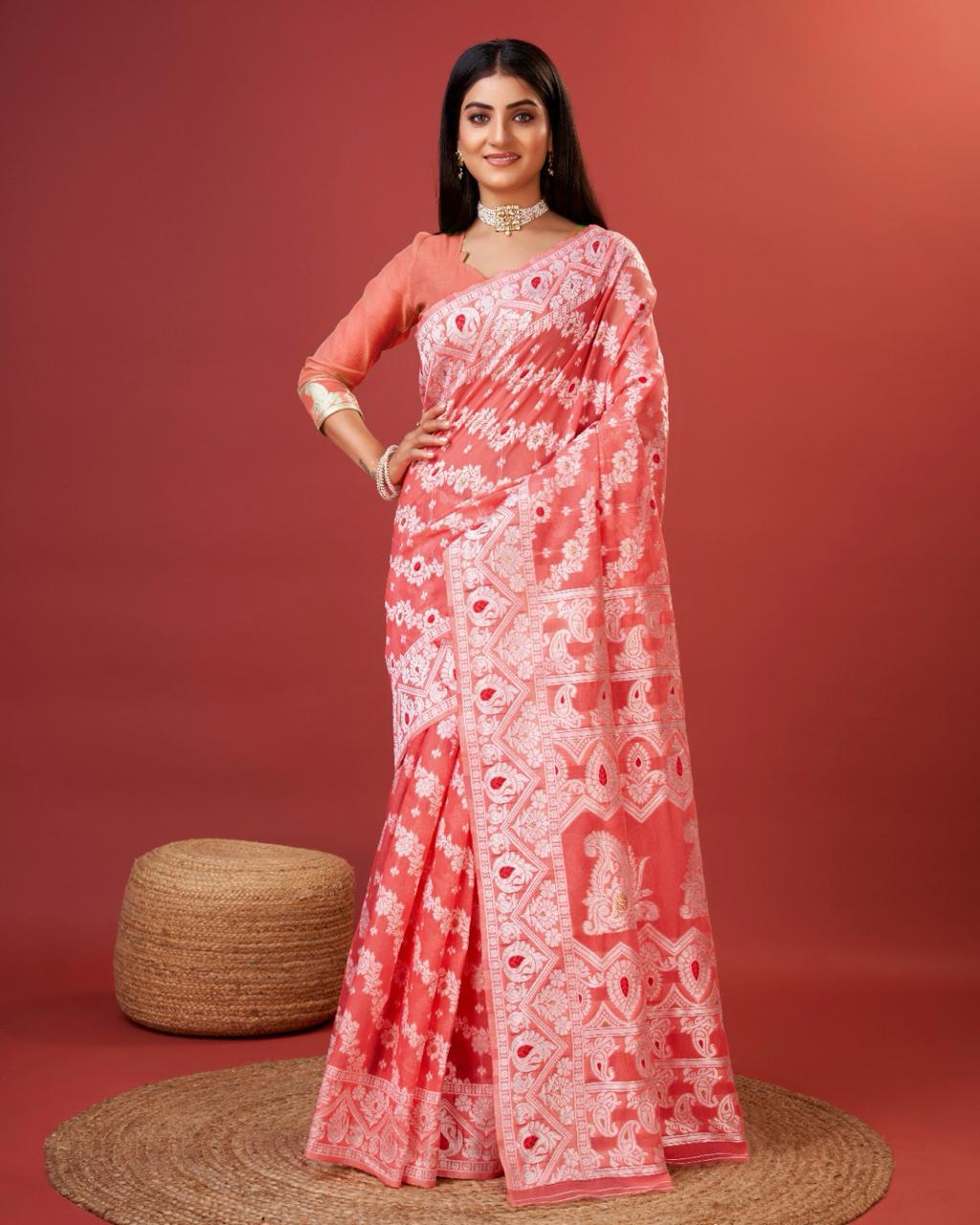 Aplomb Peach Cotton Silk Saree With Allure Blouse Piece