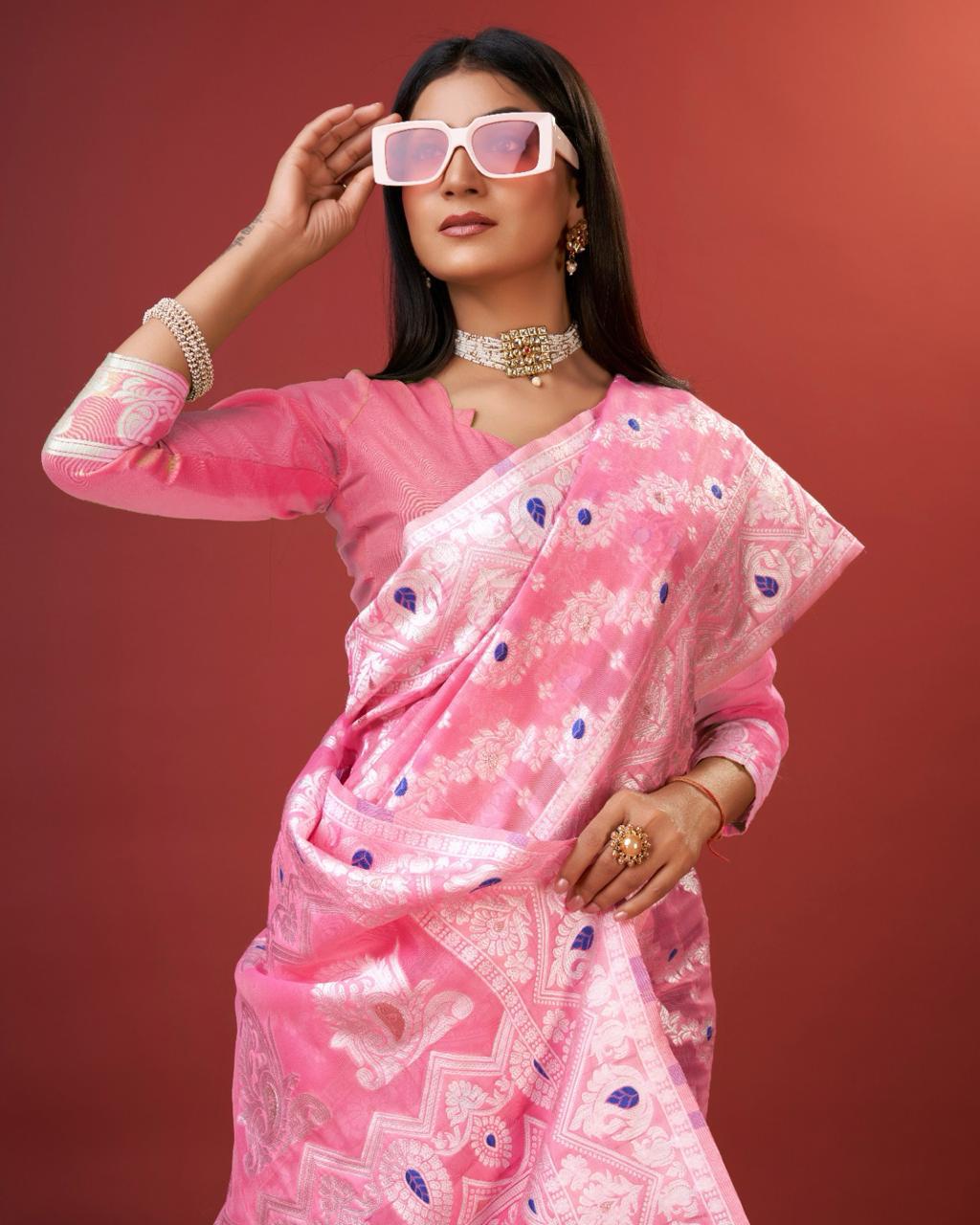 Enamoring Pink Cotton Silk Saree With Opulent Blouse Piece