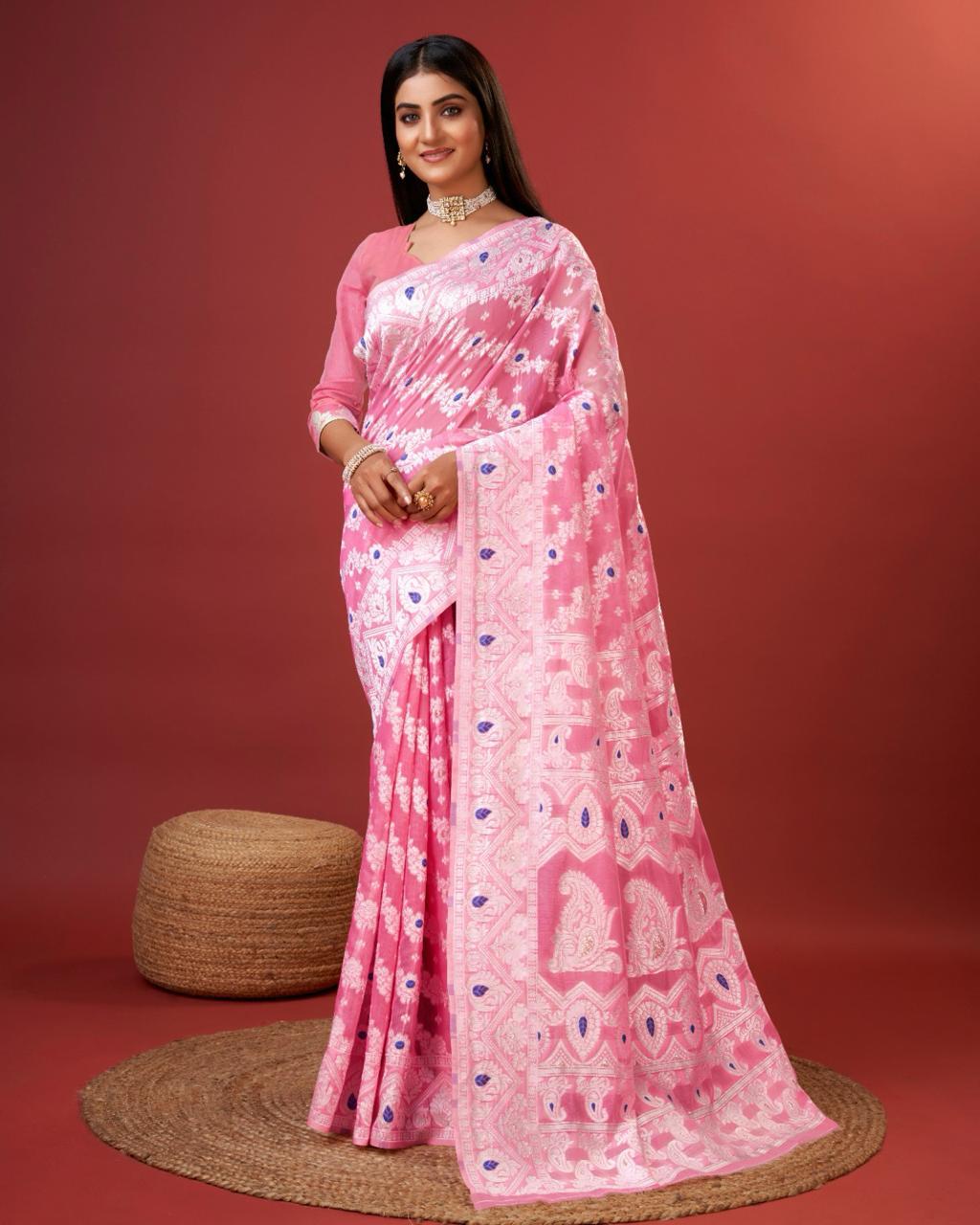 Enamoring Pink Cotton Silk Saree With Opulent Blouse Piece