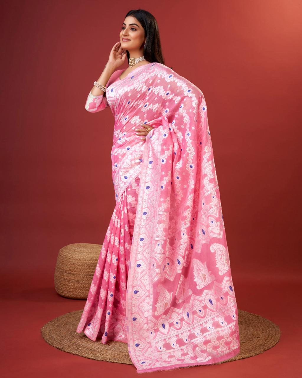 Enamoring Pink Cotton Silk Saree With Opulent Blouse Piece