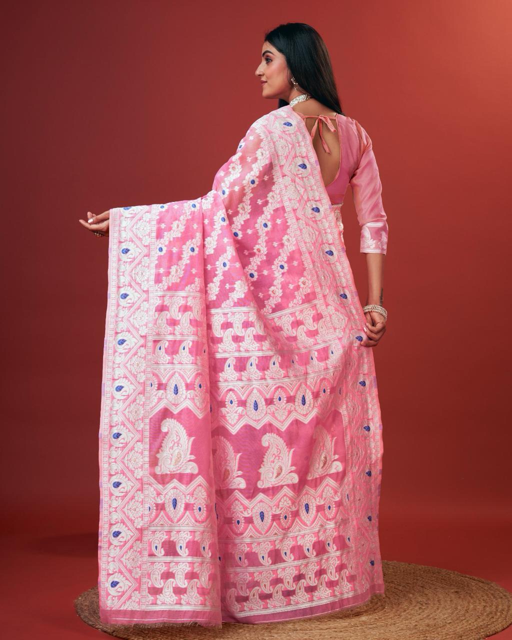 Enamoring Pink Cotton Silk Saree With Opulent Blouse Piece