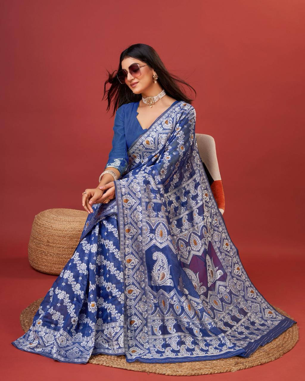 Exemplary Royal Blue Cotton Silk Saree With Whimsical Blouse Piece