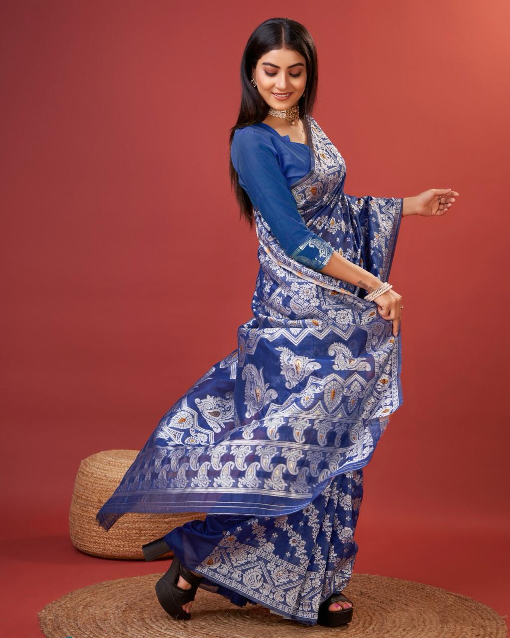 Exemplary Royal Blue Cotton Silk Saree With Whimsical Blouse Piece