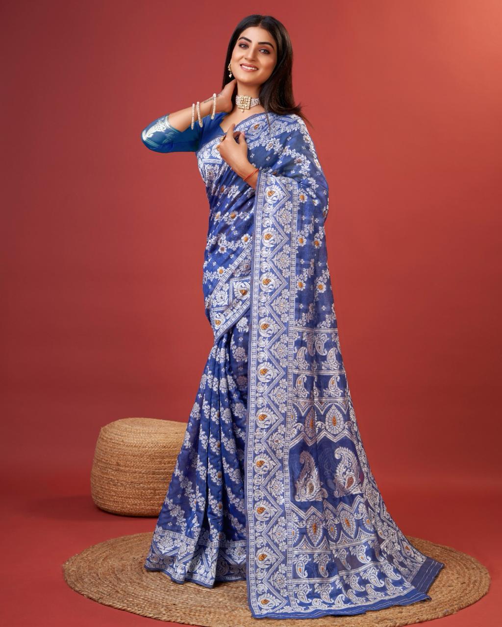 Exemplary Royal Blue Cotton Silk Saree With Whimsical Blouse Piece