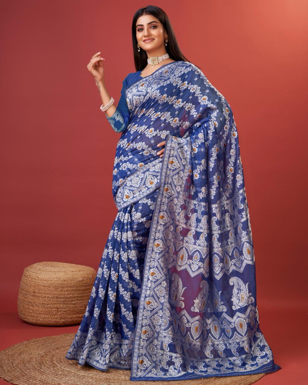 Exemplary Royal Blue Cotton Silk Saree With Whimsical Blouse Piece