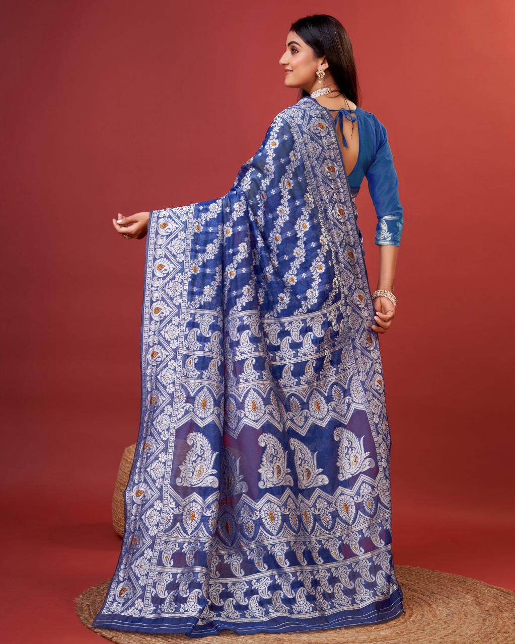 Exemplary Royal Blue Cotton Silk Saree With Whimsical Blouse Piece