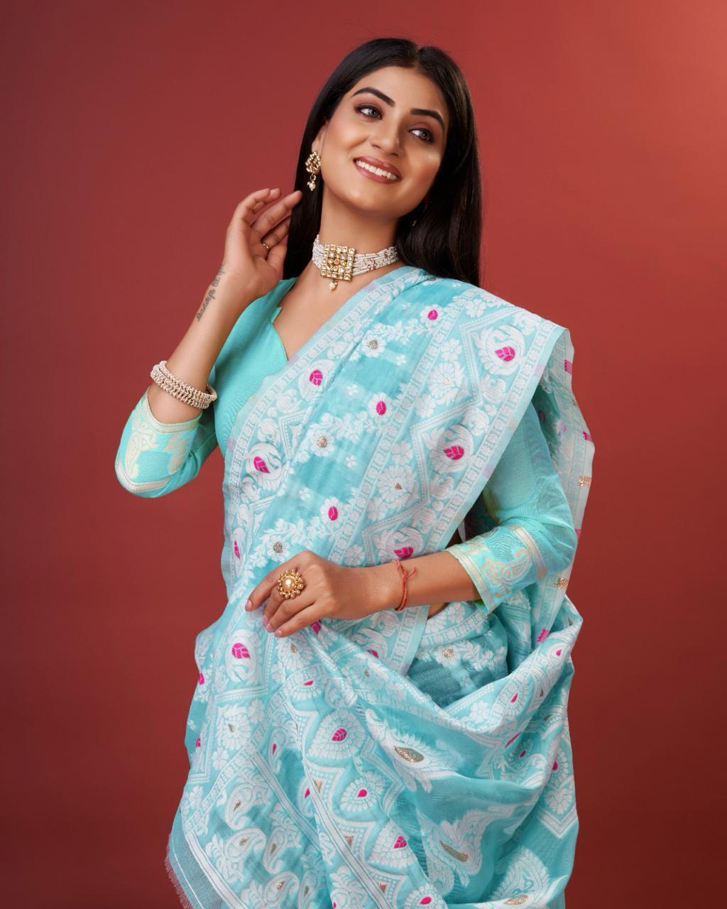 Alluring Sky Cotton Silk Saree With Grandiose Blouse Piece