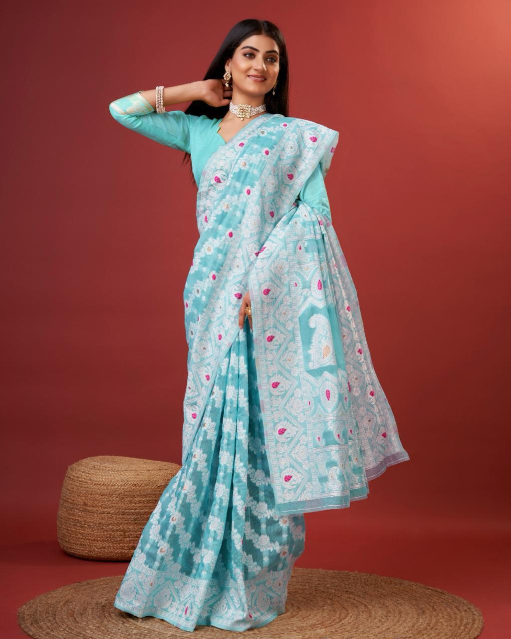 Alluring Sky Cotton Silk Saree With Grandiose Blouse Piece