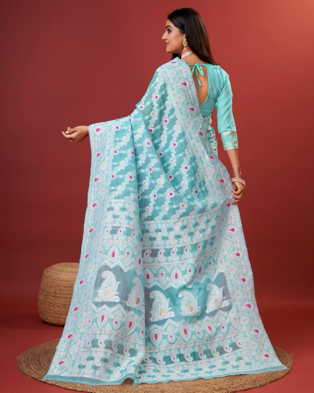 Alluring Sky Cotton Silk Saree With Grandiose Blouse Piece