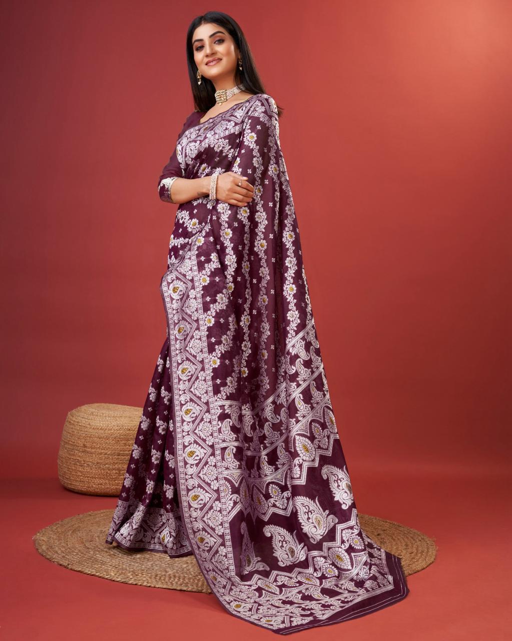 Radiant Wine Cotton Silk Saree With Seraphic Blouse Piece