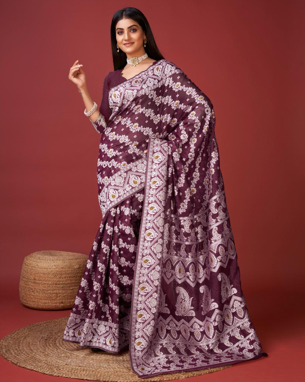 Radiant Wine Cotton Silk Saree With Seraphic Blouse Piece