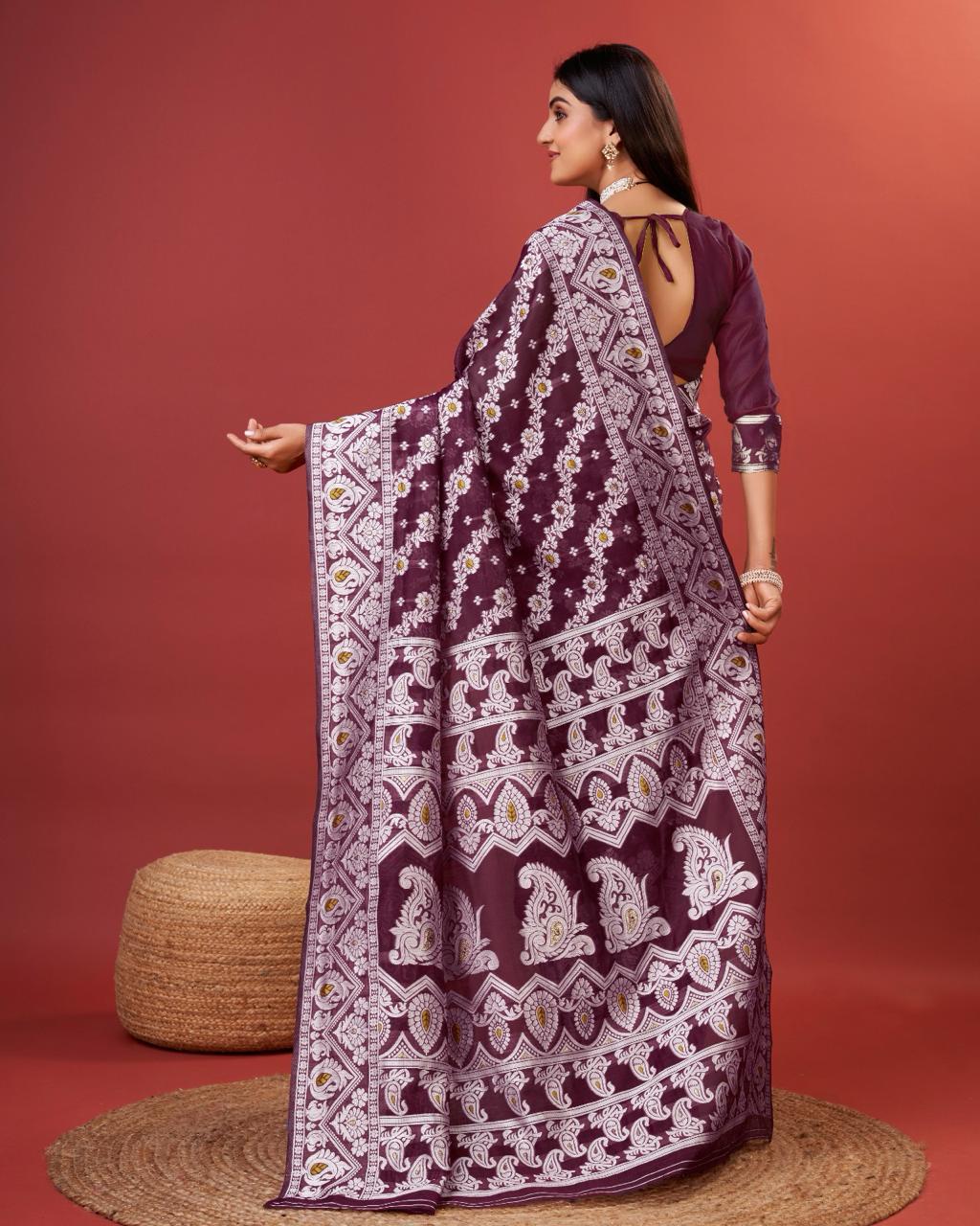 Radiant Wine Cotton Silk Saree With Seraphic Blouse Piece