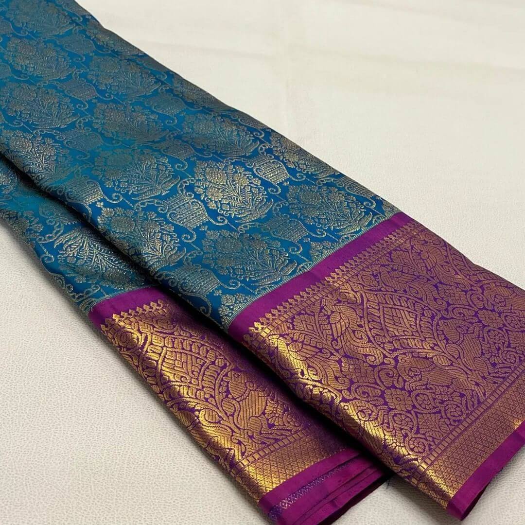 Sensational Rama Soft Banarasi Silk Saree With Innovative Blouse Piece