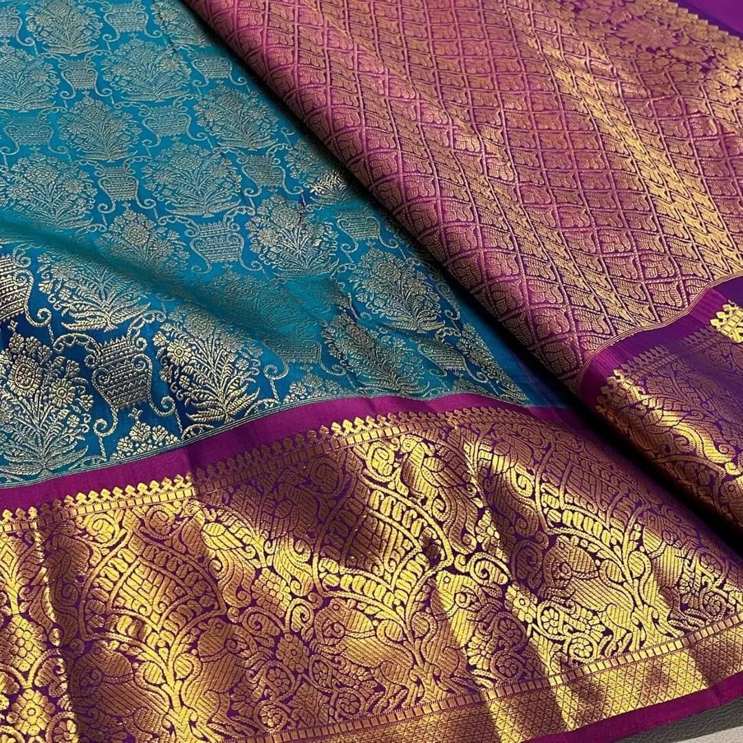 Sensational Rama Soft Banarasi Silk Saree With Innovative Blouse Piece