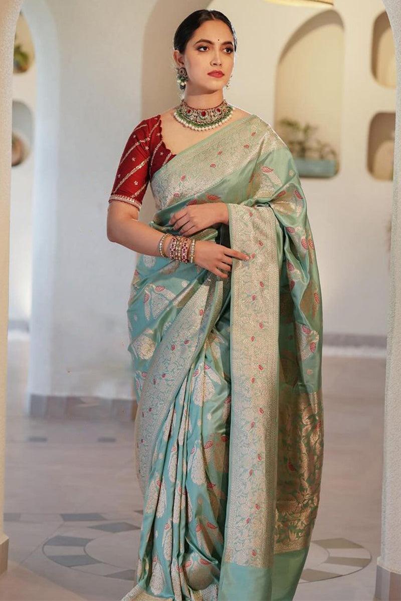 Energetic Sea Green Soft Silk Saree With Energetic Blouse Piece