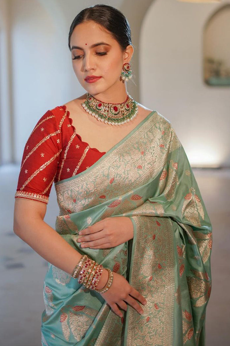 Energetic Sea Green Soft Silk Saree With Energetic Blouse Piece