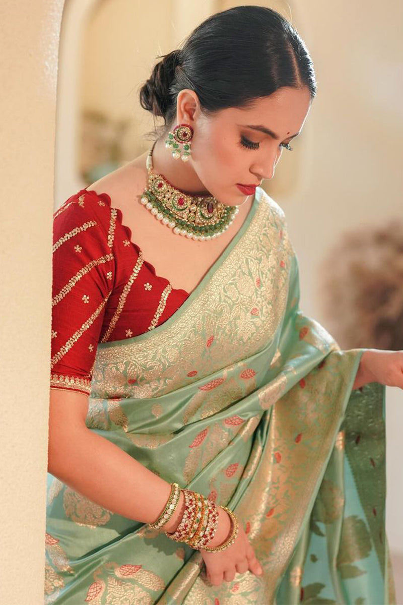 Energetic Sea Green Soft Silk Saree With Energetic Blouse Piece