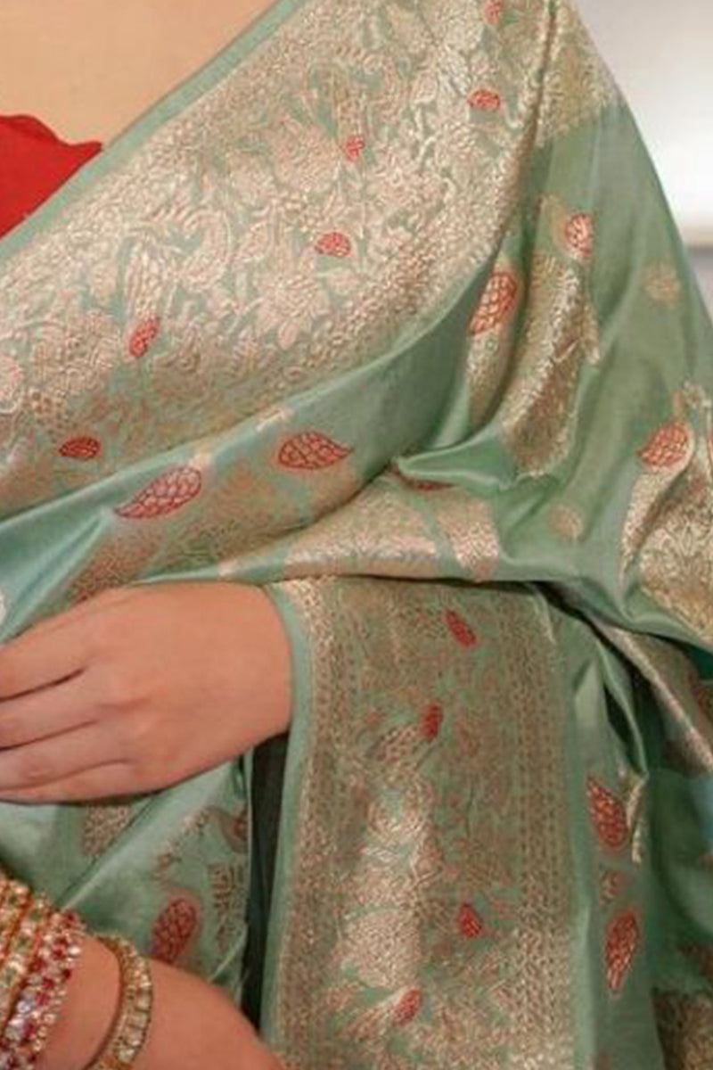 Energetic Sea Green Soft Silk Saree With Energetic Blouse Piece