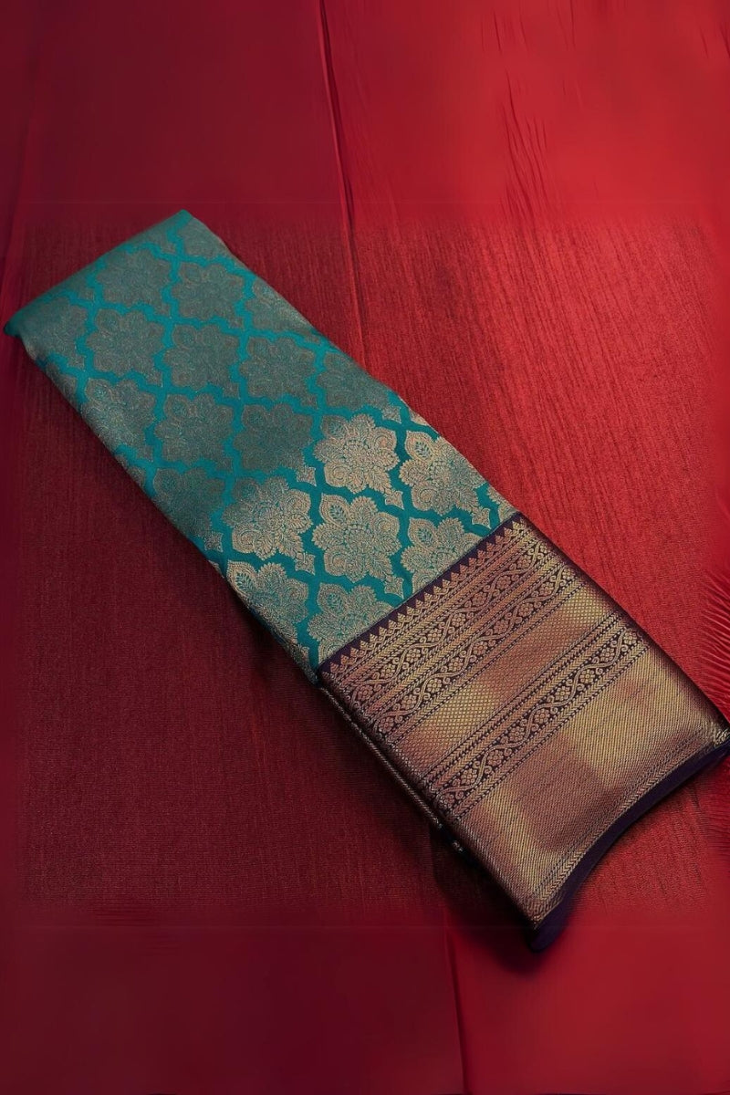 Verdant Rama Soft Banarasi Silk Saree With Ethnic Blouse Piece