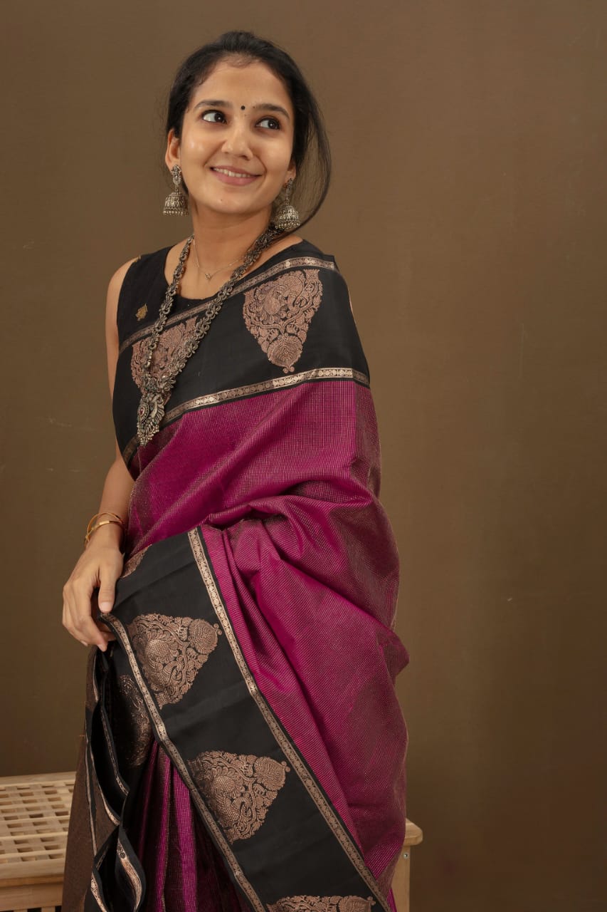 Scintillating Purple Soft Banarasi Silk Saree With Glamorous Blouse Piece