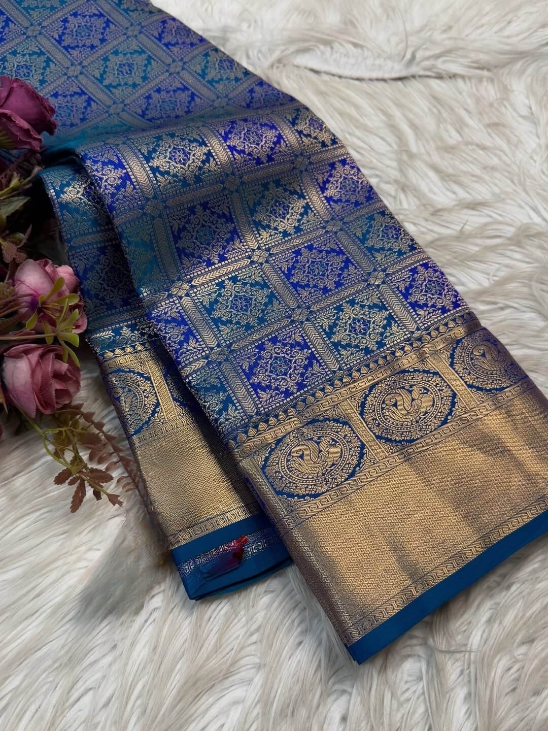 Ideal Blue Soft Banarasi Silk Saree With Embrocation Blouse Piece