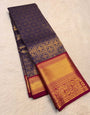 Denouement Navy Blue Pure Banarasi Silk Saree With Magnificat Blouse Piece