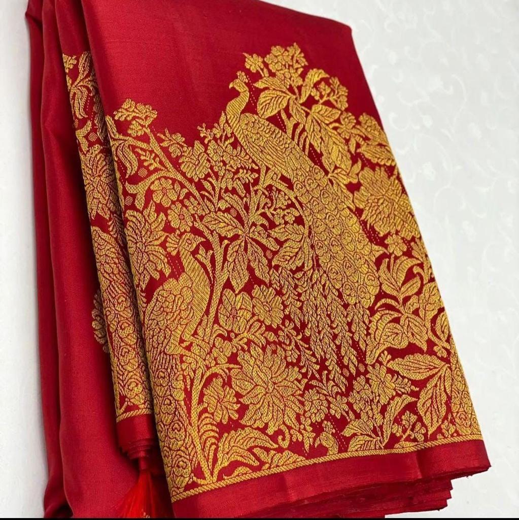 Ravishing Red Soft Banarasi Silk Saree With Pleasurable Blouse Piece