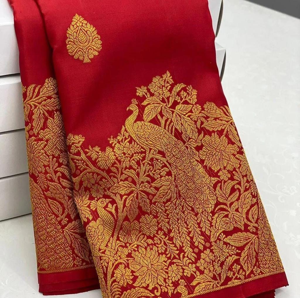 Ravishing Red Soft Banarasi Silk Saree With Pleasurable Blouse Piece