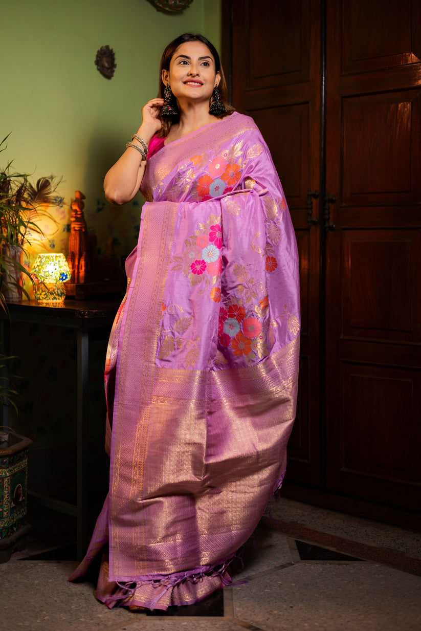 Glittering Lavender Soft Banarasi Silk Saree With Fantabulous Blouse Piece