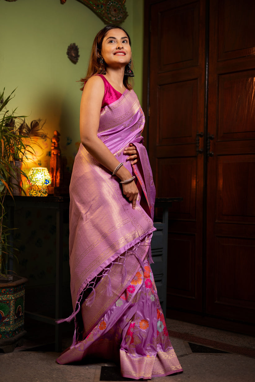 Glittering Lavender Soft Banarasi Silk Saree With Fantabulous Blouse Piece