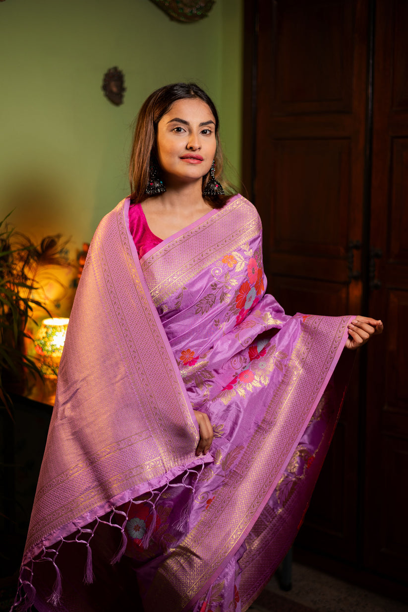 Glittering Lavender Soft Banarasi Silk Saree With Fantabulous Blouse Piece