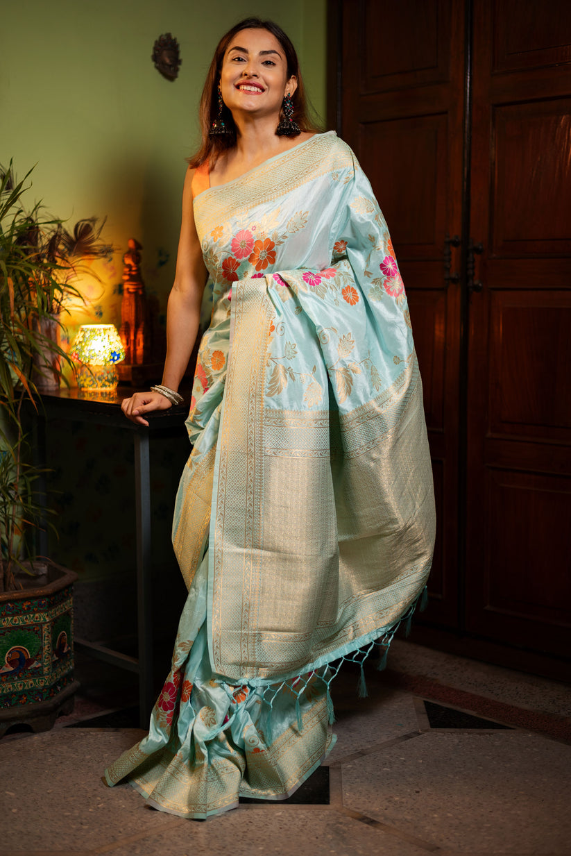 Gratifying Sky Soft Banarasi Silk Saree With Tempting Blouse Piece