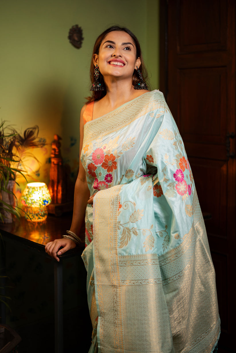 Gratifying Sky Soft Banarasi Silk Saree With Tempting Blouse Piece