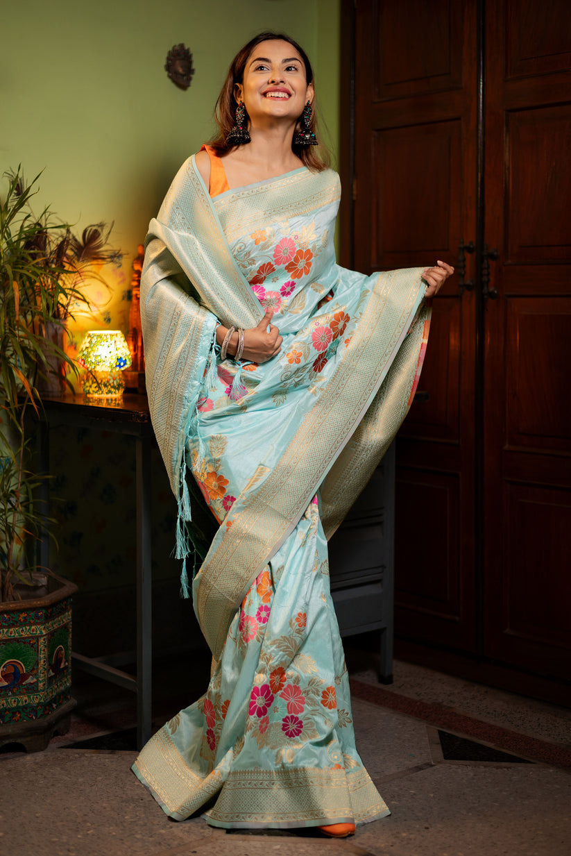 Gratifying Sky Soft Banarasi Silk Saree With Tempting Blouse Piece